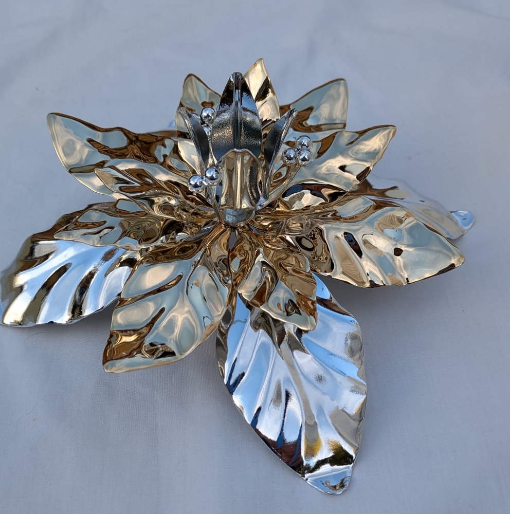 Christmas Poinsettia Taper Metal Candle Holders, Dept 56, shiny gold/ silver